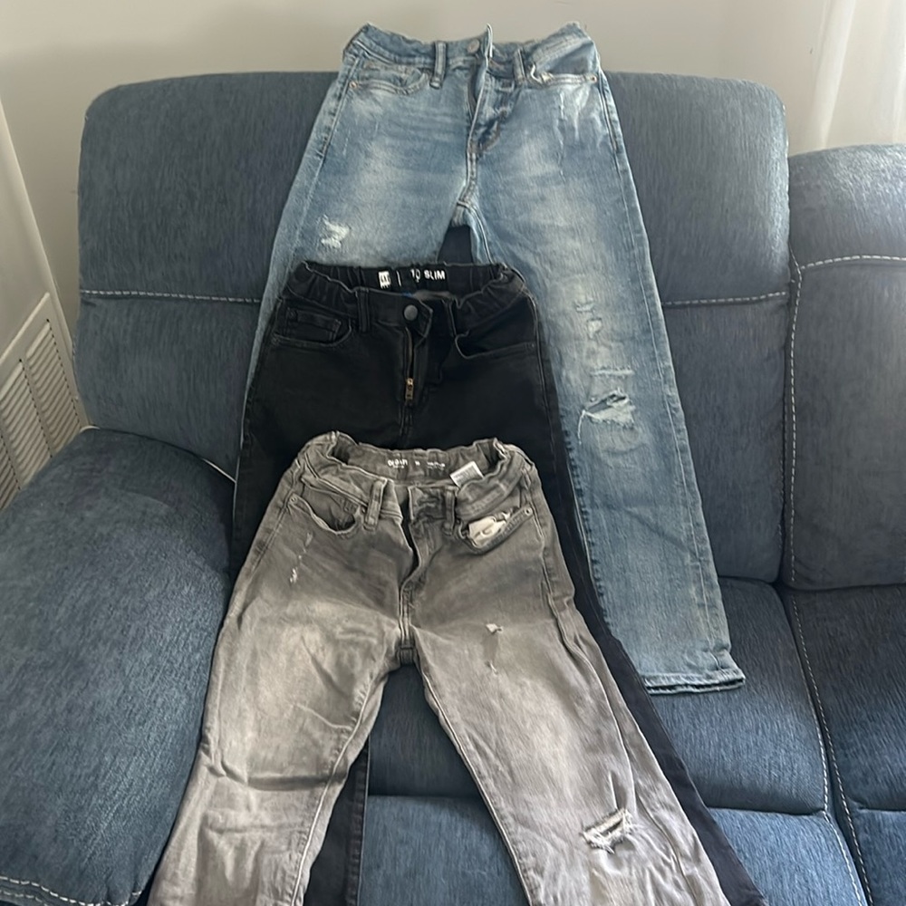 3 pairs of boys or girls GAP jeans slim fit.   Black , gray, denim blue